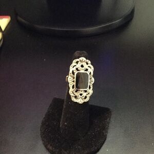 Vintage sterling silver, onyx, and marcasite ring